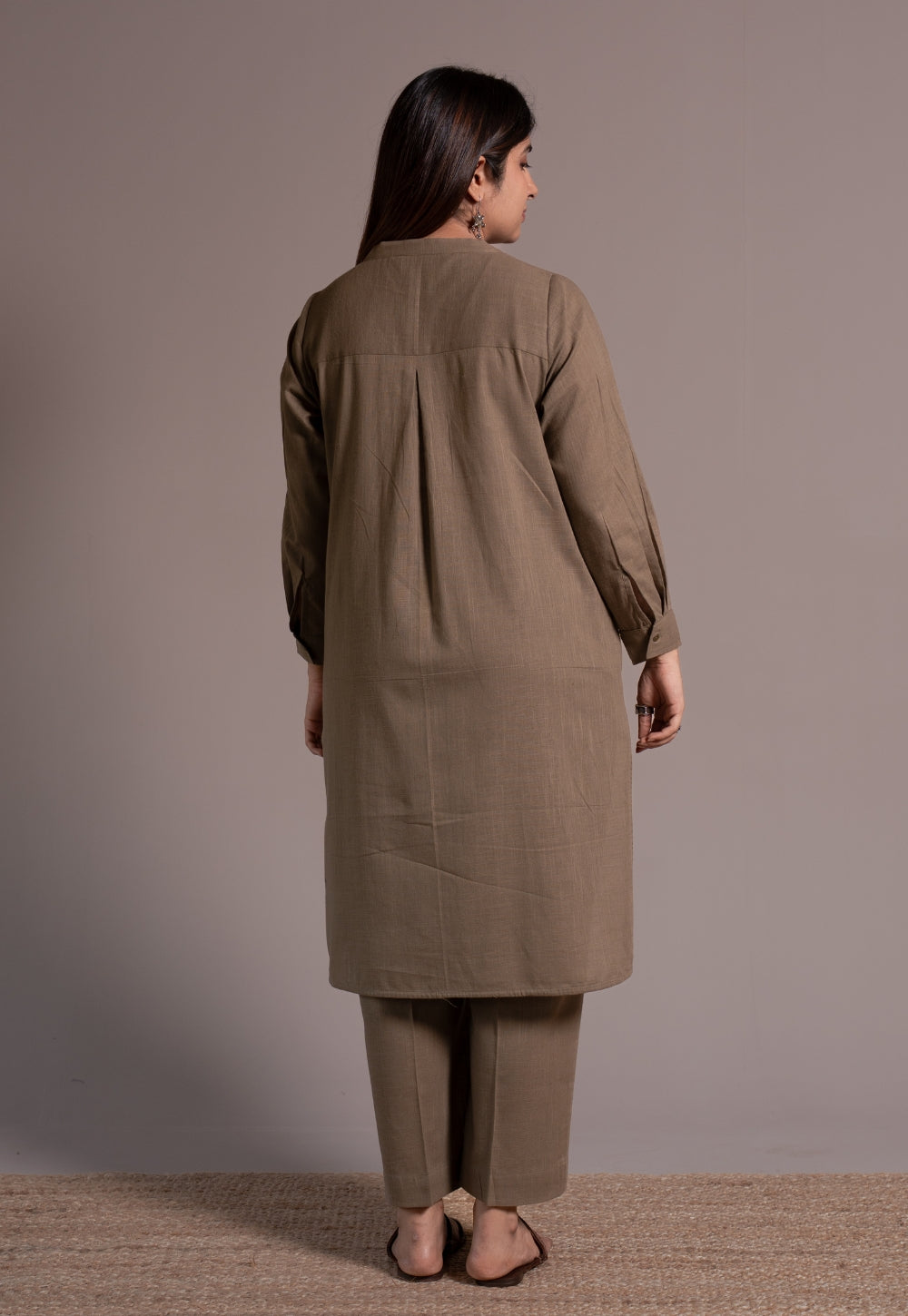 Khaki Grey Solid Slub Cotton Straight Co-Ord Set - DyeVerse