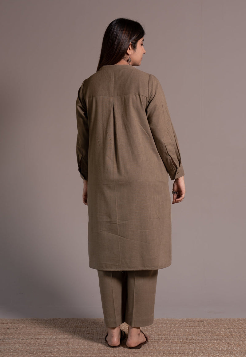 Khaki Grey Solid Slub Cotton Straight Co-Ord Set - DyeVerse