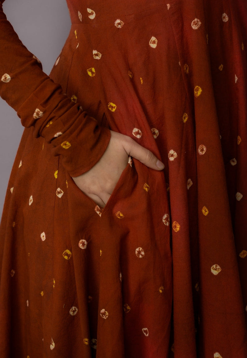 Amaya Brown Bandhani Cotton Kali Kurta with Embroidery