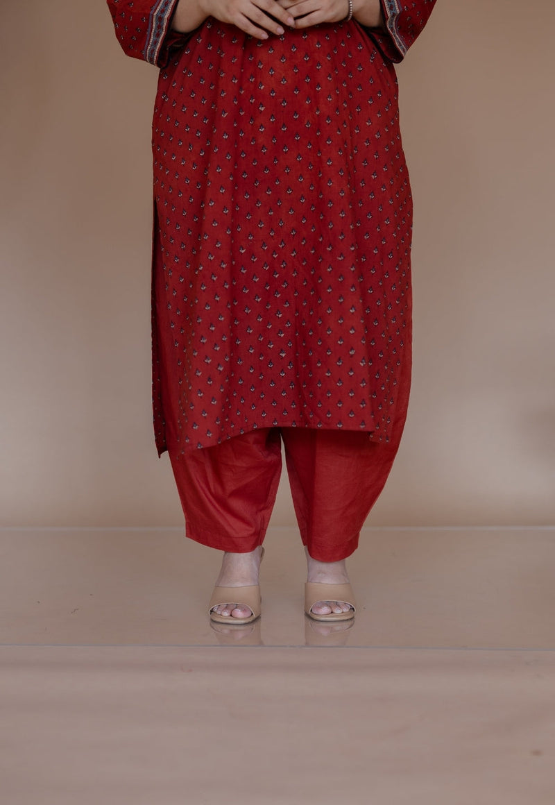 Tarin Red Solid Slub Cotton Afghan Pant