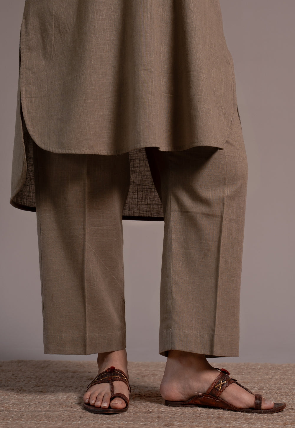 Khaki Grey Solid Slub Cotton Straight Co-Ord Set - DyeVerse