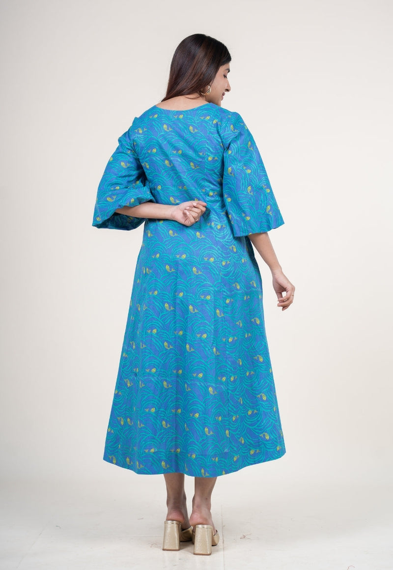 Tanisha Ink Blue Printed Cotton A Line Dress