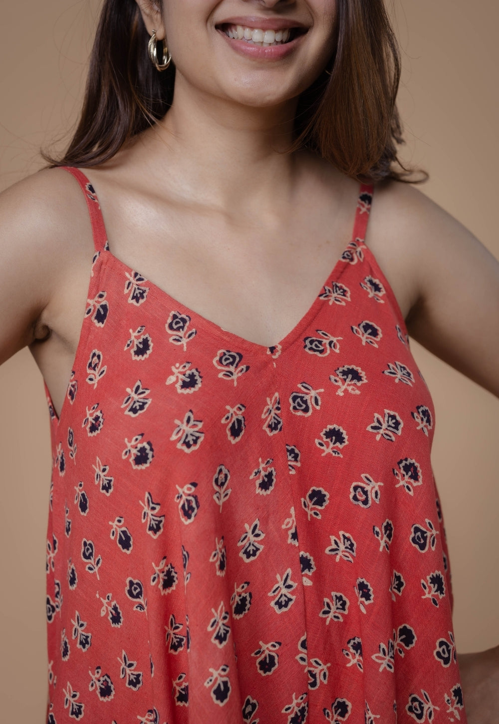 Sonam Orange Dabu Slub Cotton A Line Dress