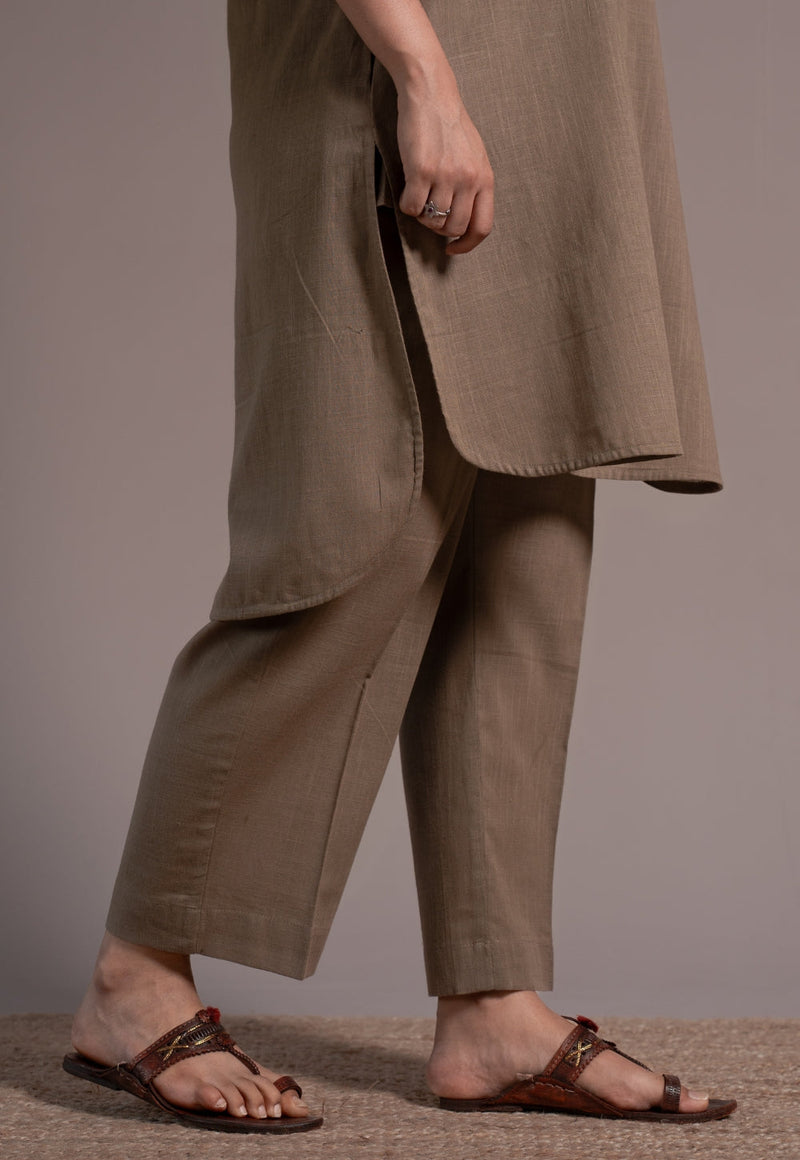 Khaki Grey Solid Slub Cotton Straight Co-Ord Set - DyeVerse