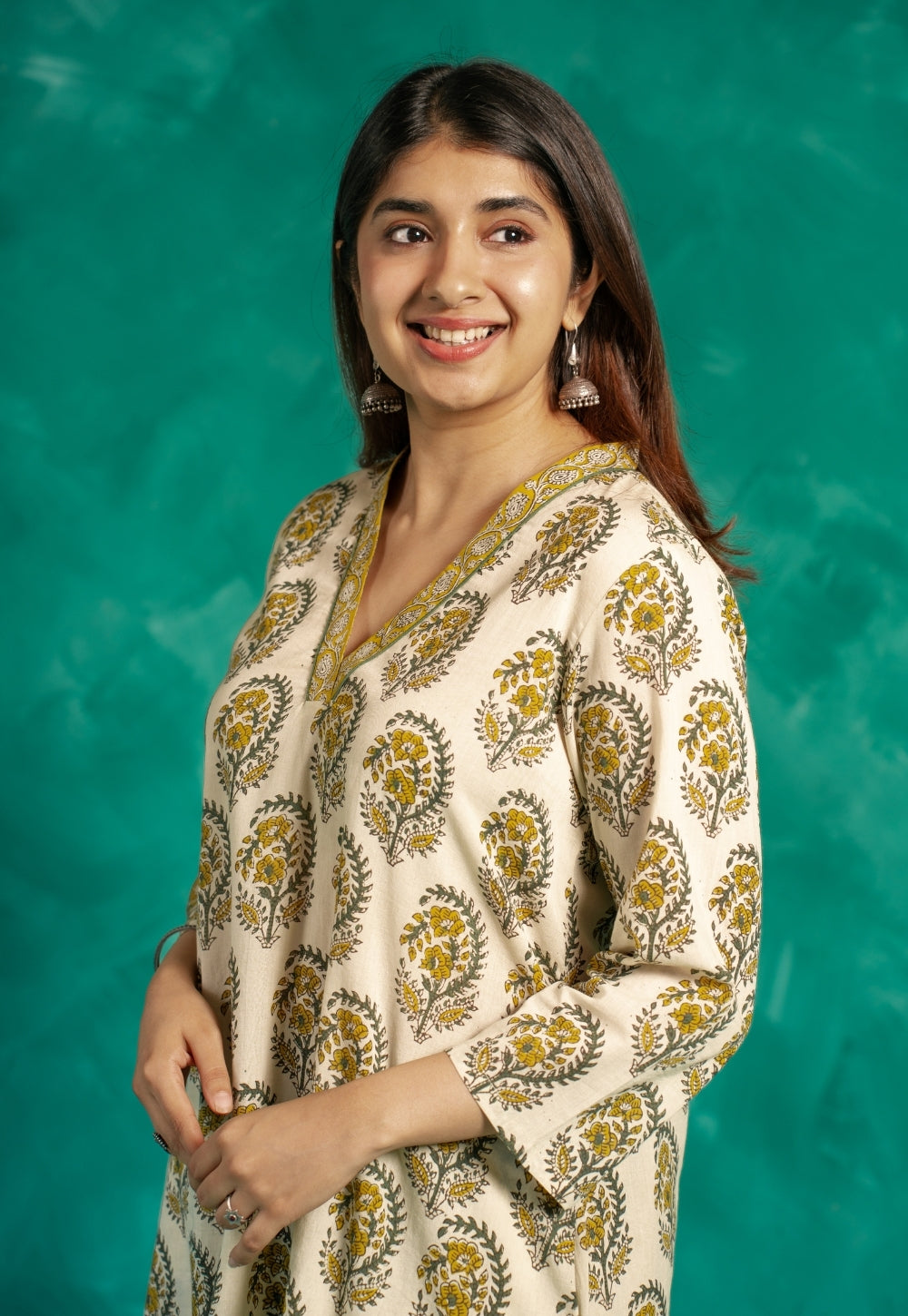 Vinita Yellow Bagru Cotton A Line Kurta