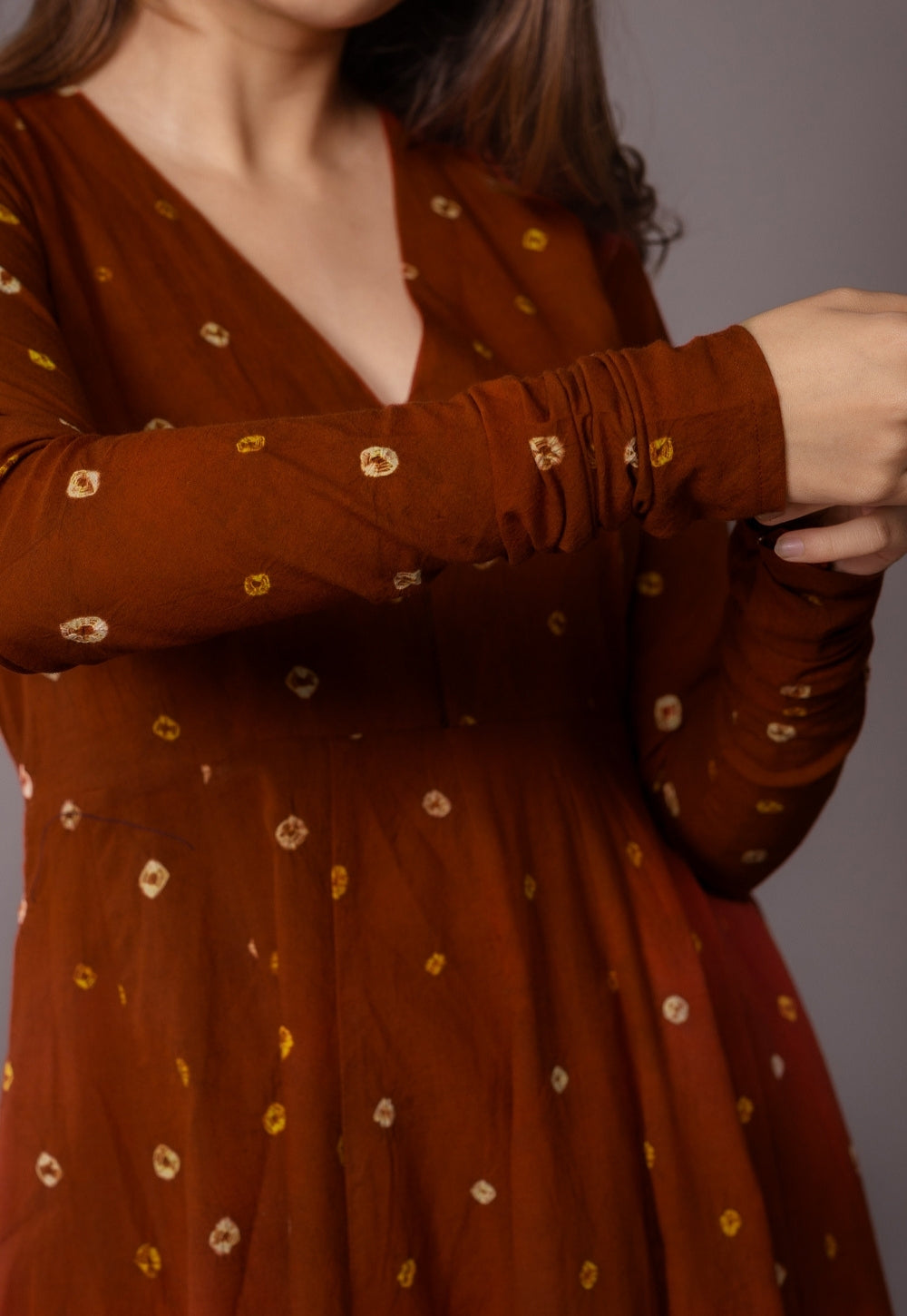 Amaya Brown Bandhani Cotton Kali Kurta with Embroidery
