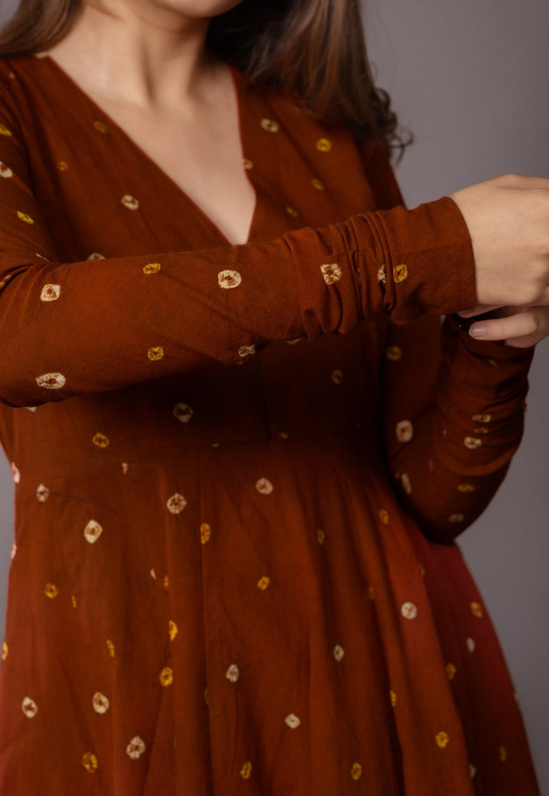 Amaya Brown Bandhani Cotton Kali Kurta with Embroidery
