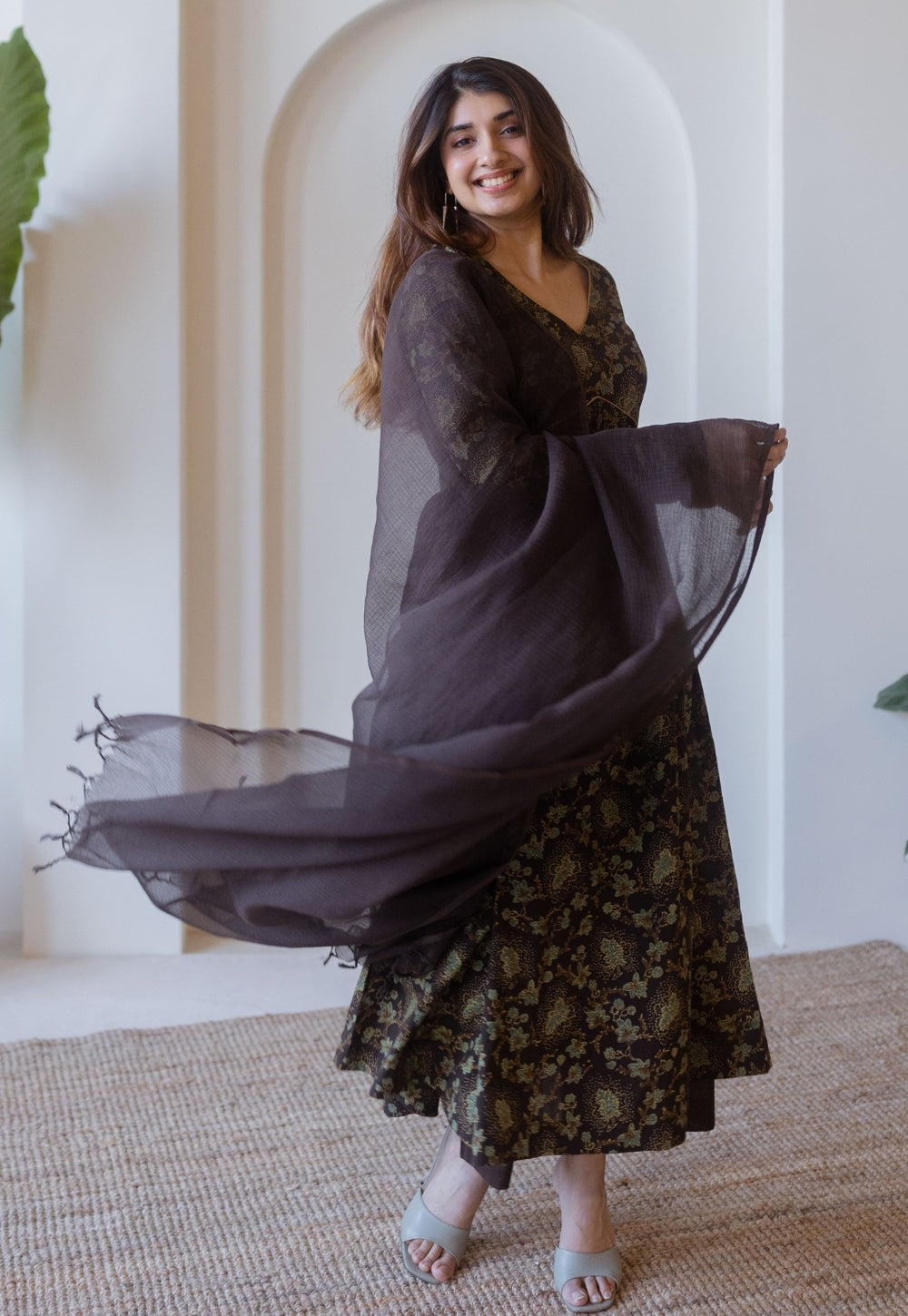 Roshi Brown Ajrakh Cotton A Line Kurta