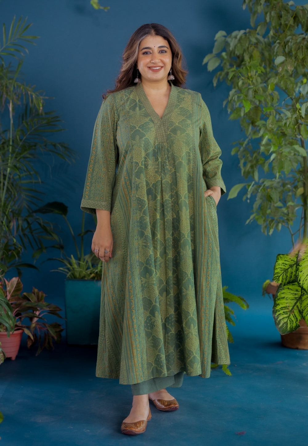 Ketki Green Ajrakh Cotton Kali Kurta