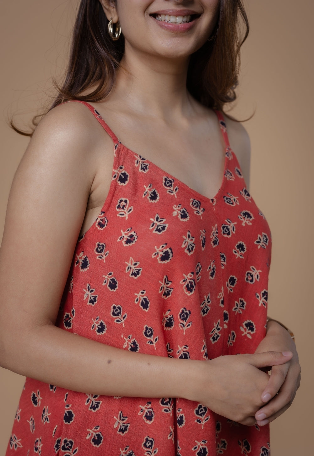 Sonam Orange Dabu Slub Cotton A Line Dress