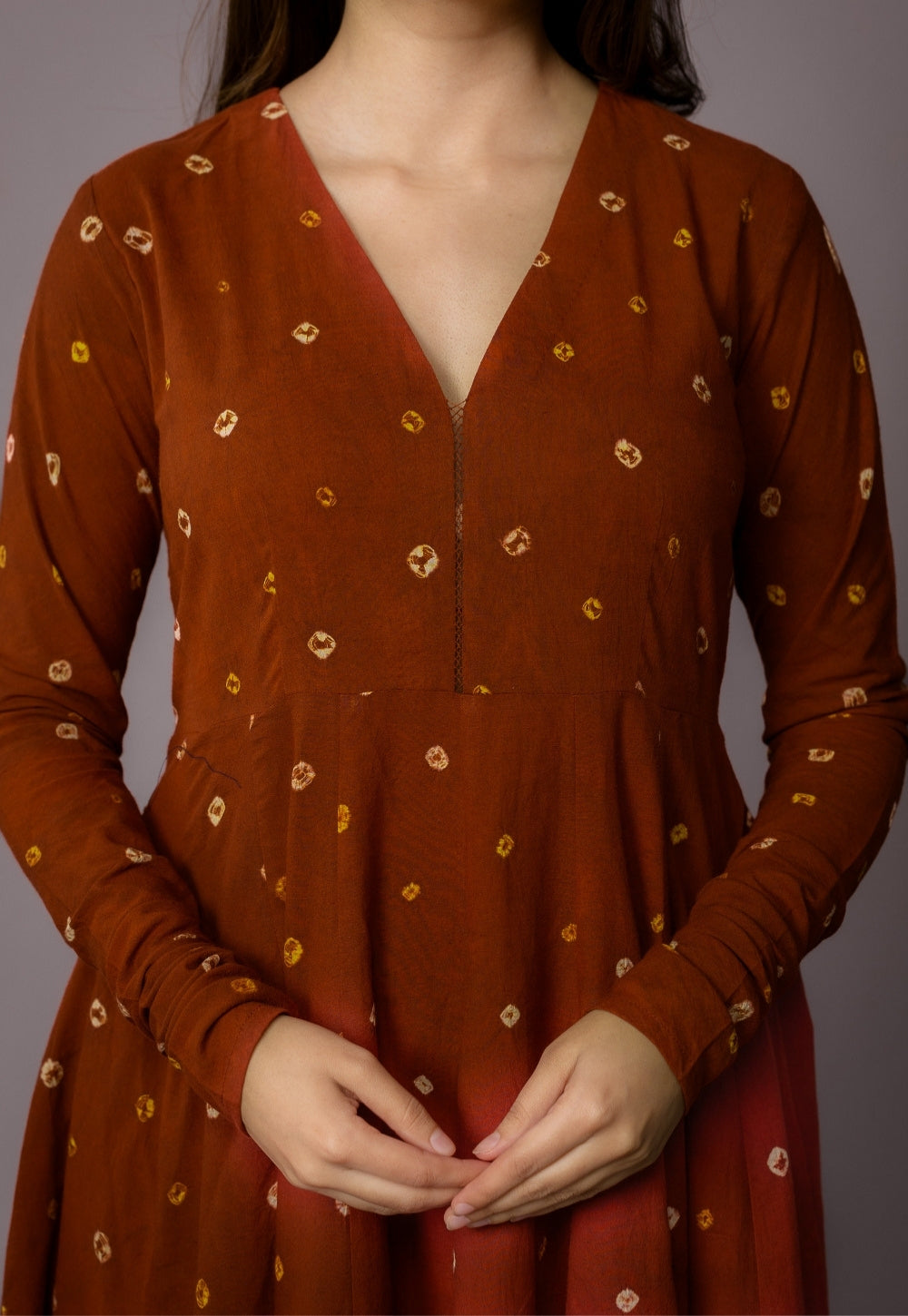 Amaya Brown Bandhani Cotton Kali Kurta with Embroidery