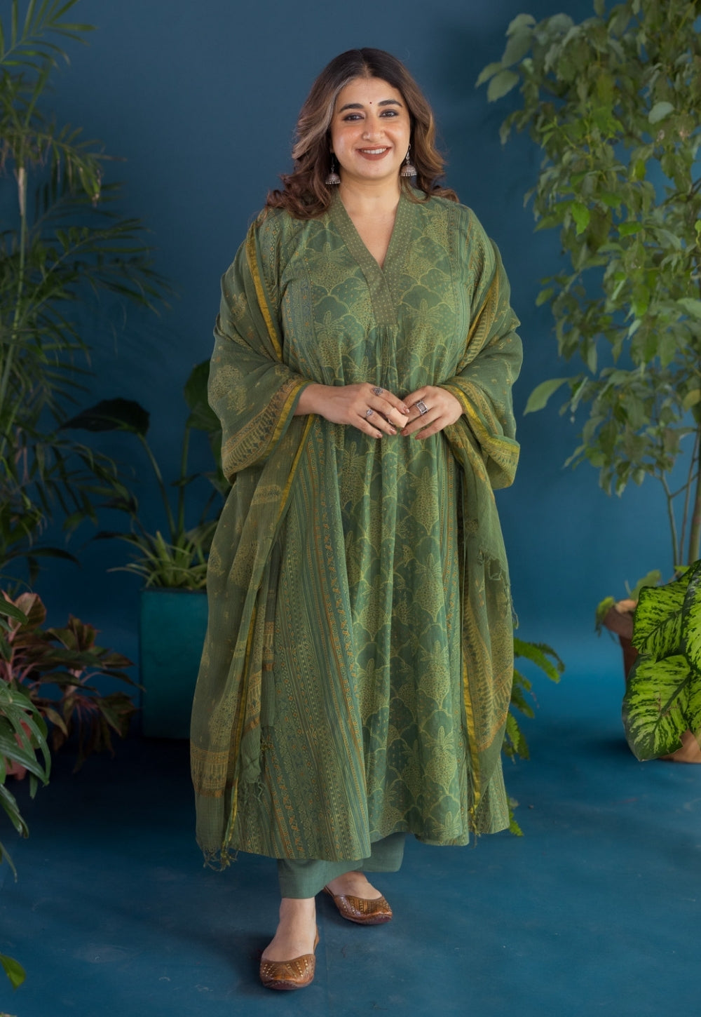 Ketki Green Ajrakh Cotton Kali Kurta