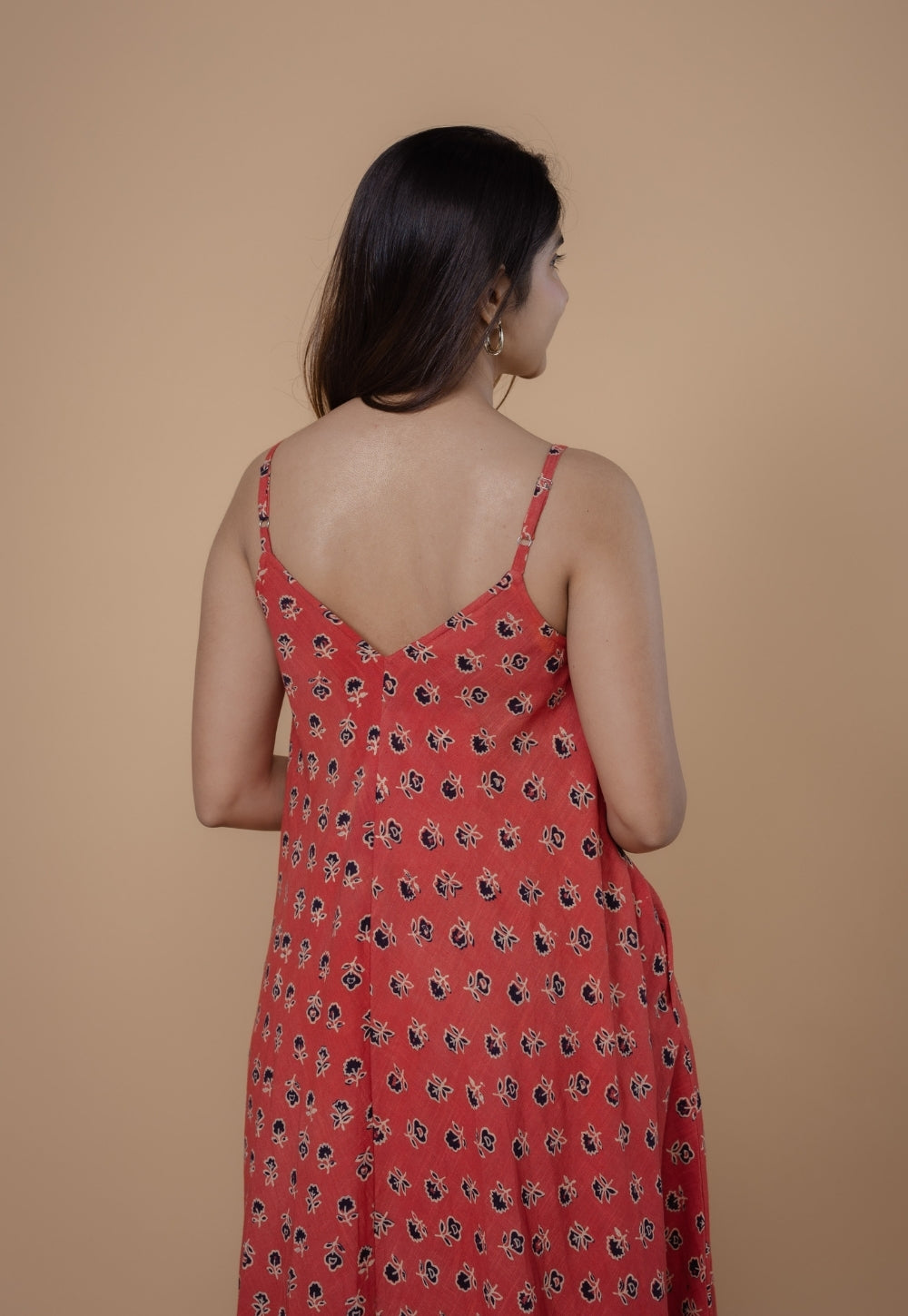 Sonam Orange Dabu Slub Cotton A Line Dress