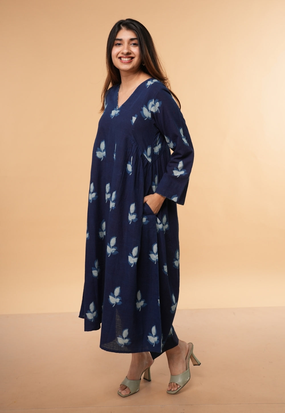Inayra Blue Dabu Slub Cotton Kali Kurta