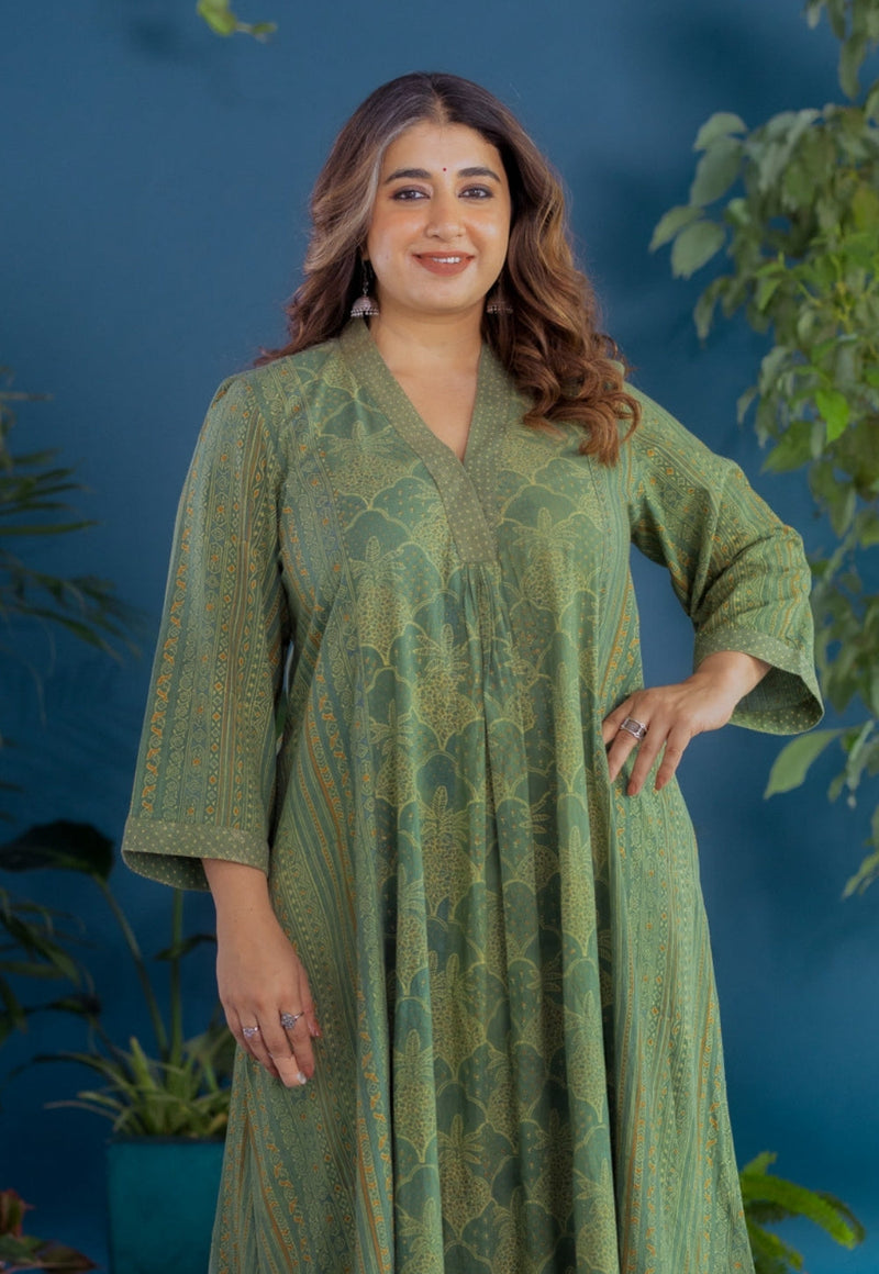 Ketki Green Ajrakh Cotton Kali Kurta