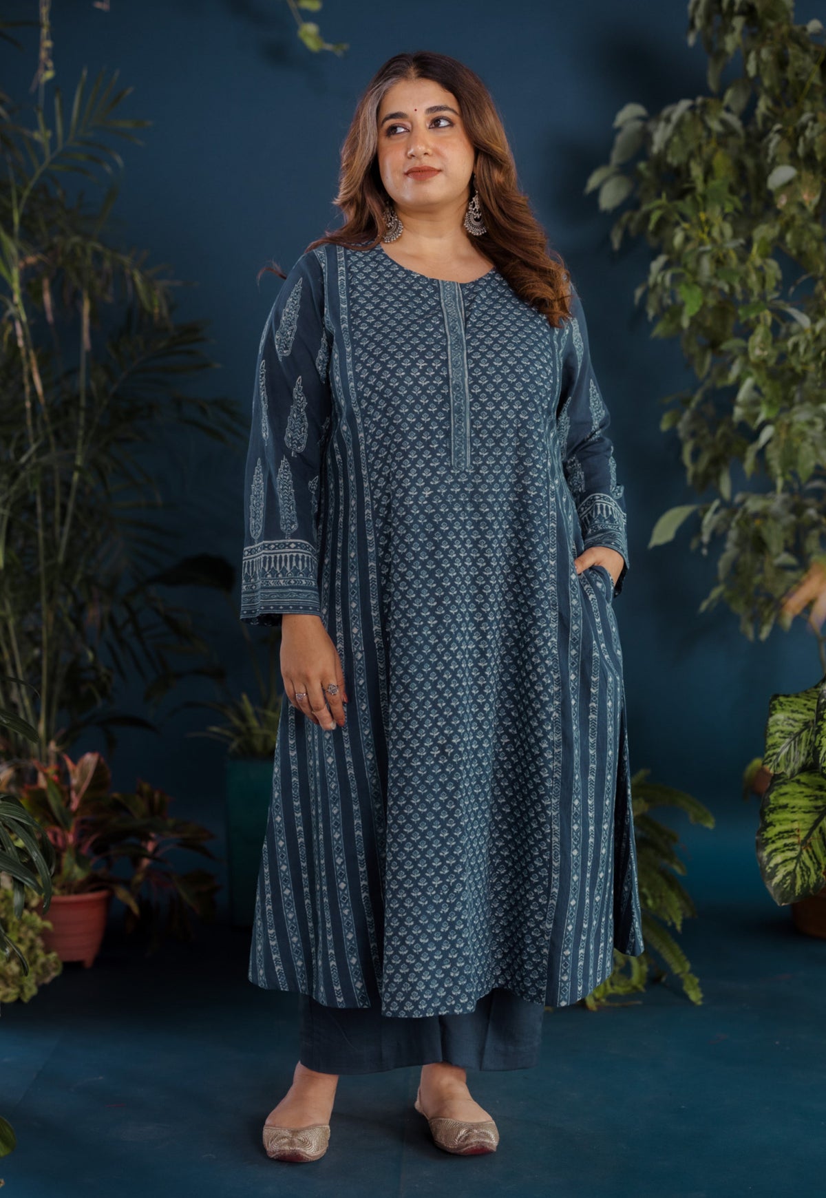 Hitika Blue Ajrakh Cotton Kali Kurta