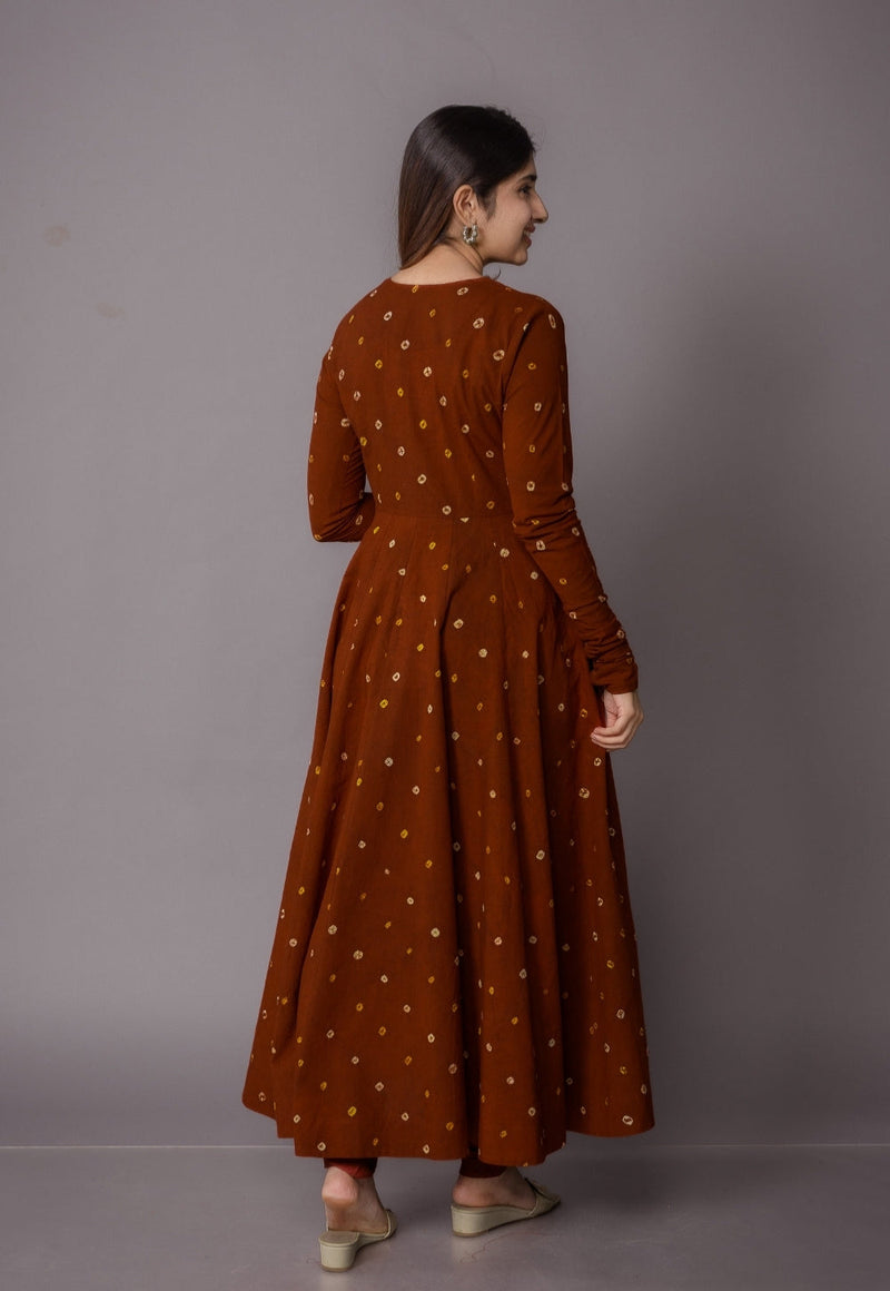 Amaya Brown Bandhani Cotton Kali Kurta with Embroidery