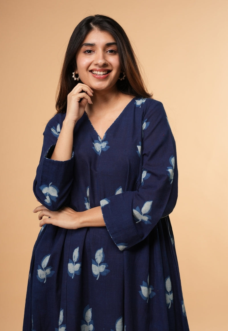 Inayra Blue Dabu Slub Cotton Kali Kurta