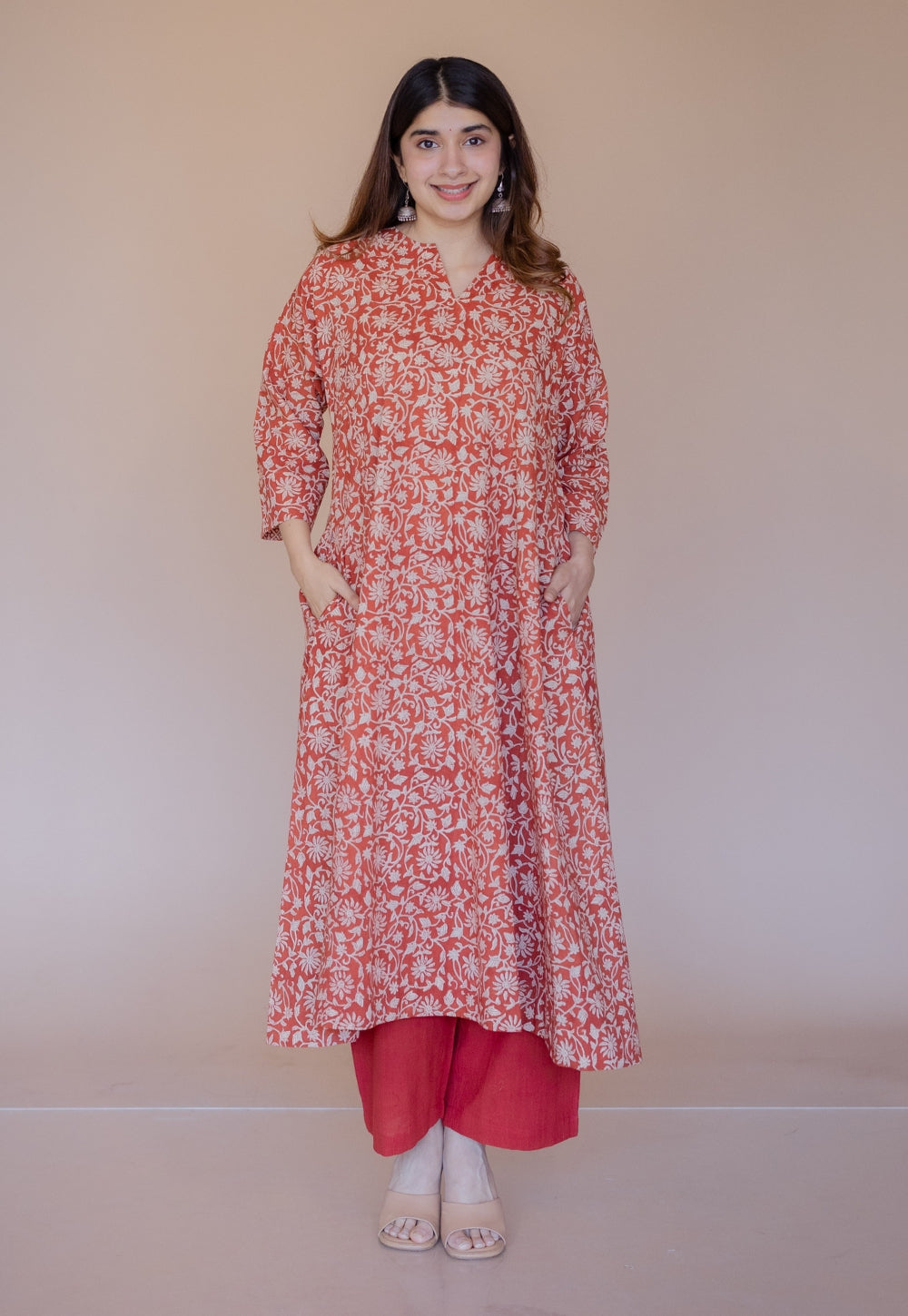 Nyra Red Bagru Cotton Jhabbha Kali Kurta