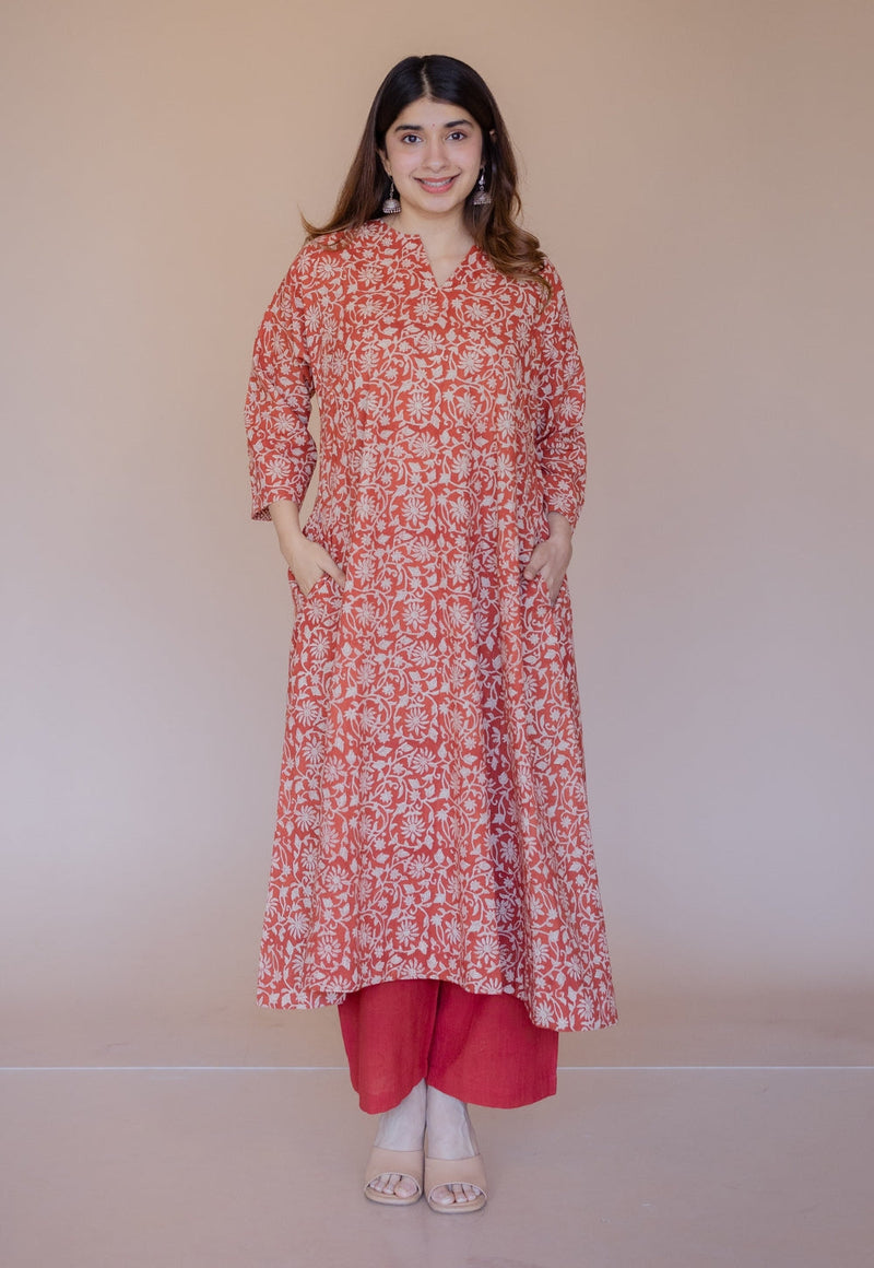 Nyra Red Bagru Cotton Jhabbha Kali Kurta