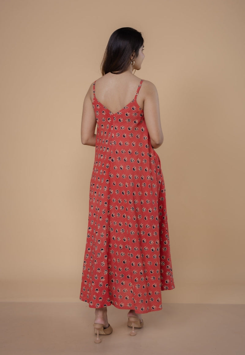 Sonam Orange Dabu Slub Cotton A Line Dress