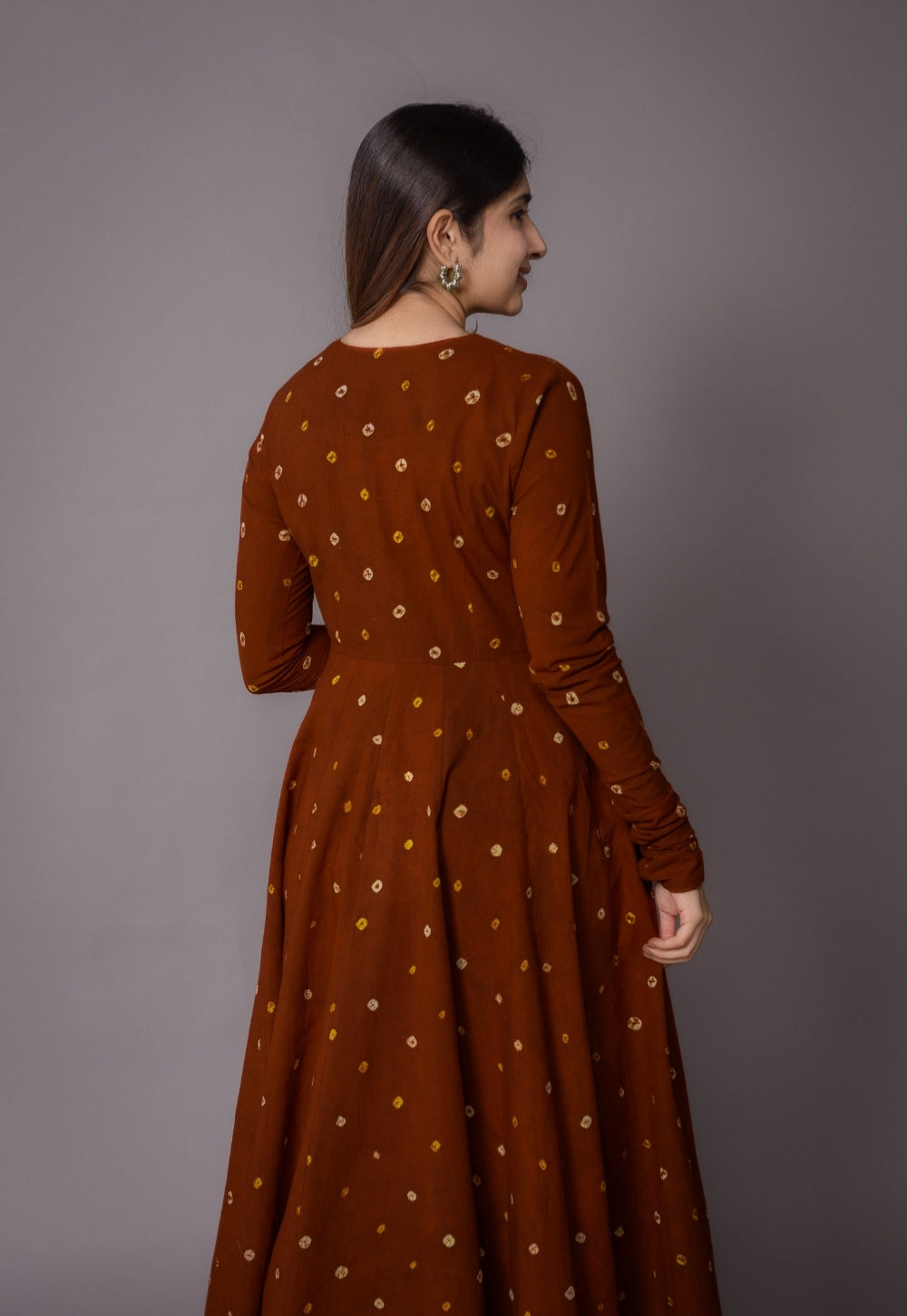 Amaya Brown Bandhani Cotton Kali Kurta with Embroidery
