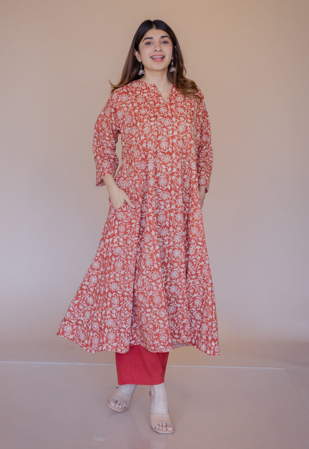 Nyra Red Bagru Cotton Jhabbha Kali Kurta