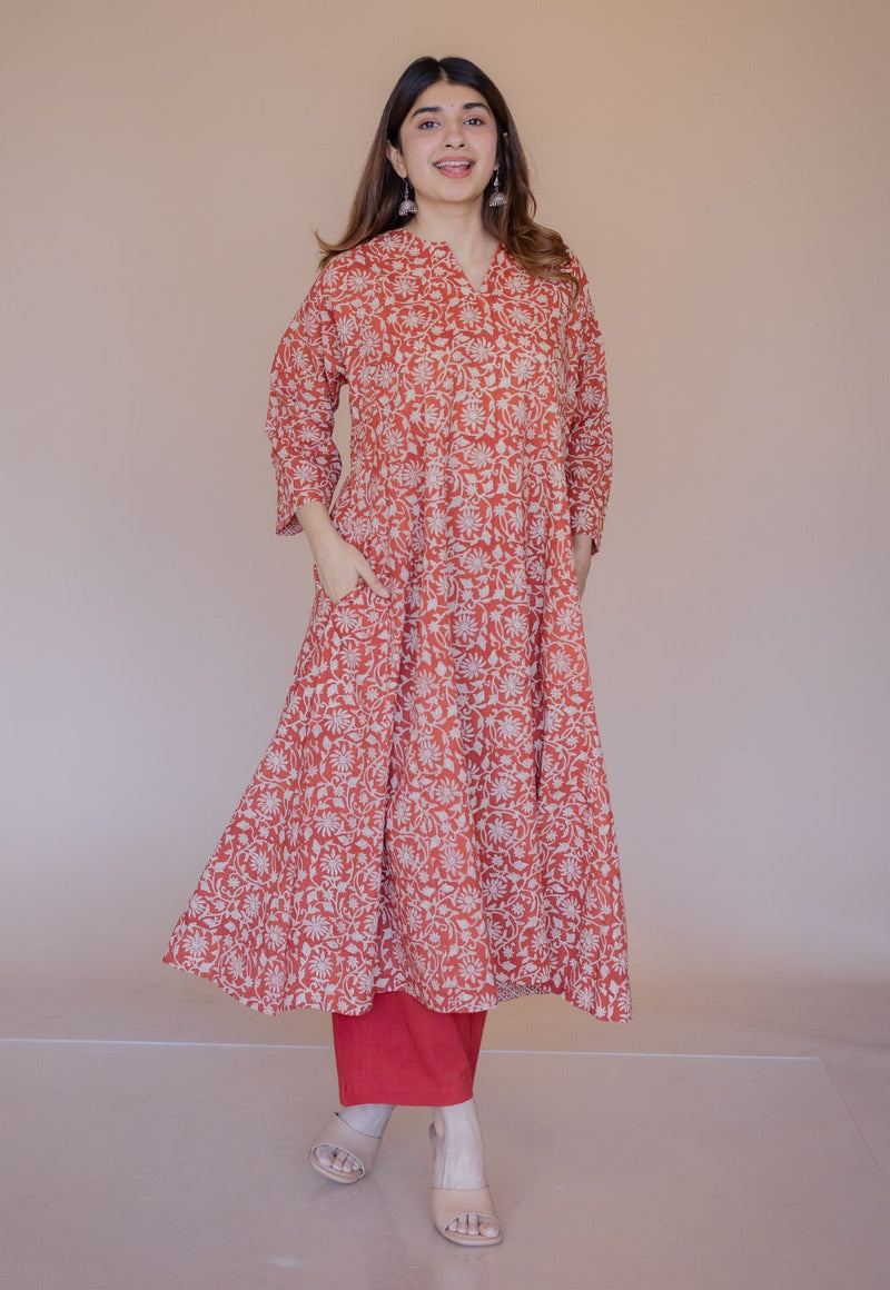 Nyra Red Bagru Cotton Jhabbha Kali Kurta
