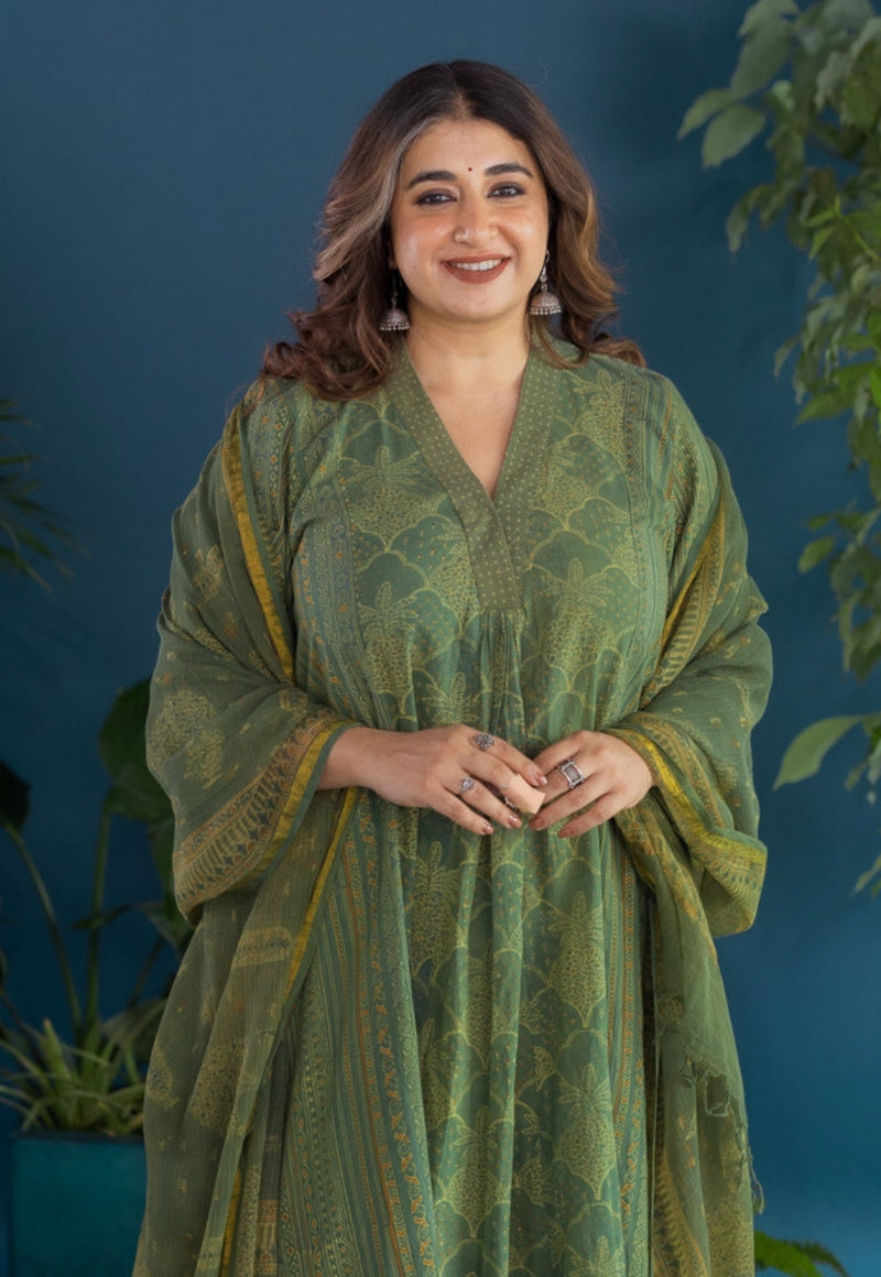 Ketki Green Ajrakh Cotton Kali Kurta