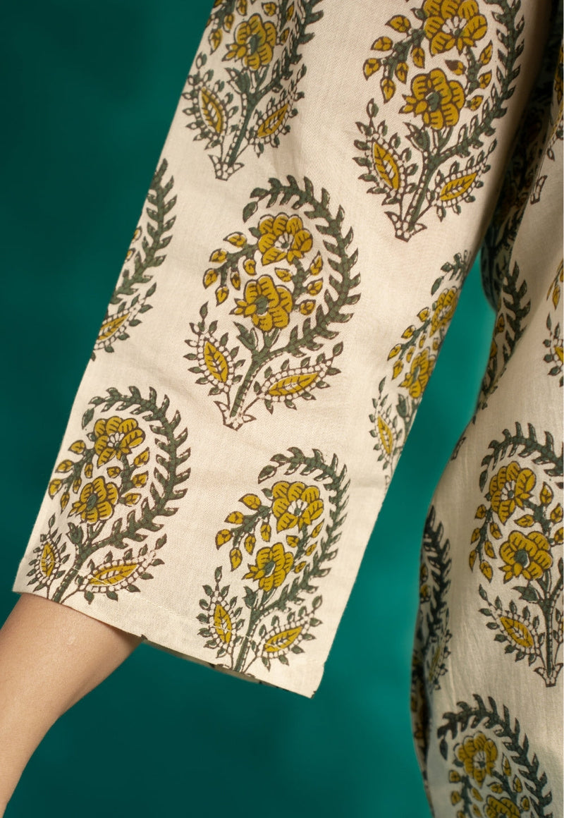 Vinita Yellow Bagru Cotton A Line Kurta