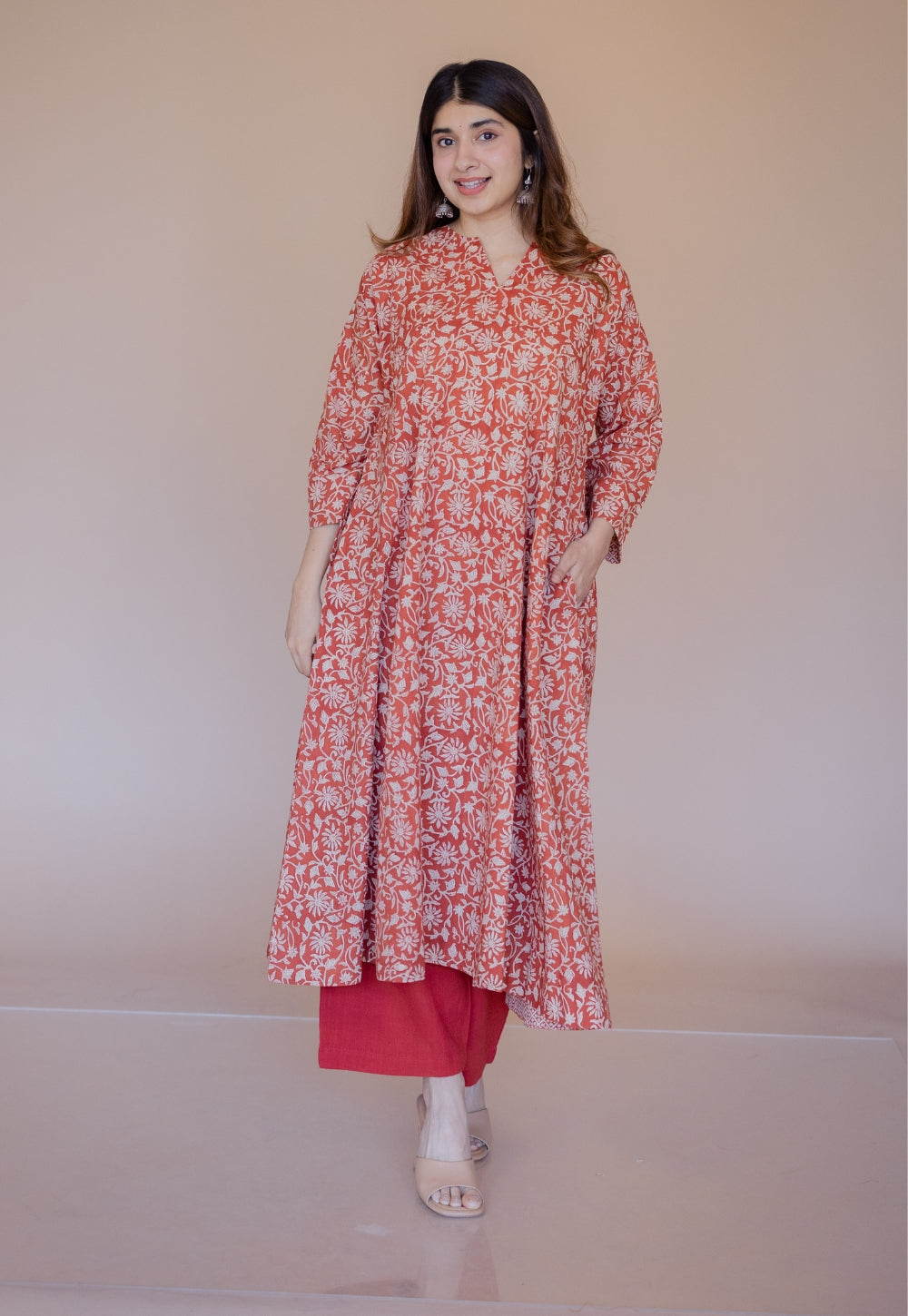 Nyra Red Bagru Cotton Jhabbha Kali Kurta