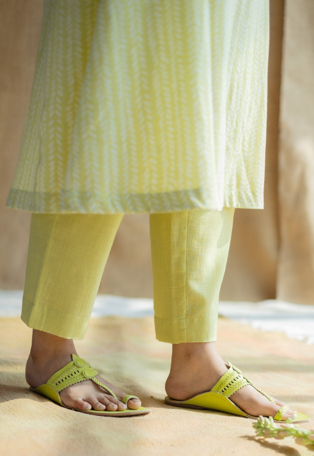 Prita Lime Green Solid Slub Cotton Narrow Pant