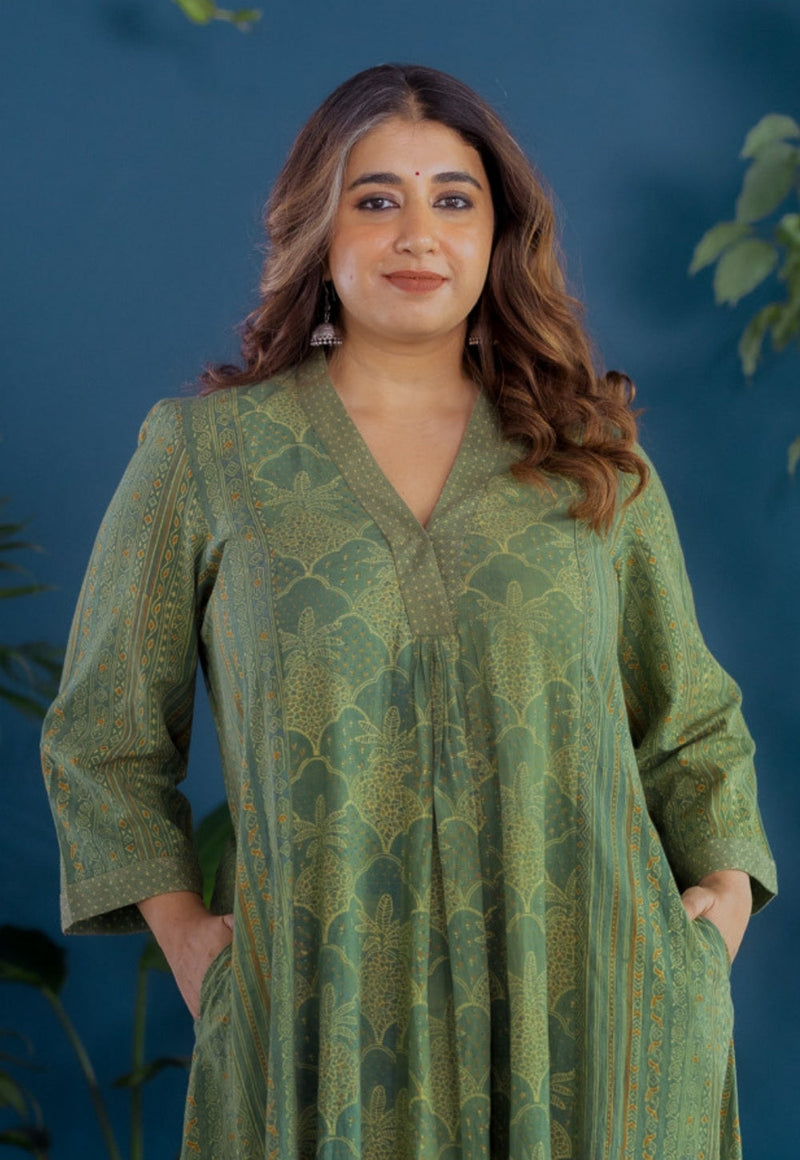 Ketki Green Ajrakh Cotton Kali Kurta