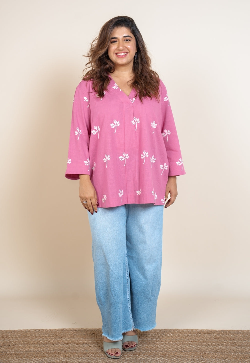 Aazaya Pink Dabu Slub Cotton A Line Short Top