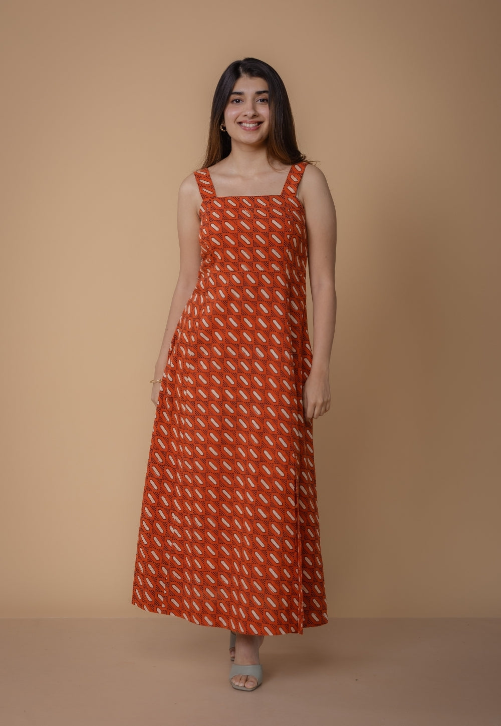 Shanaya Orange Dabu Slub Cotton A Line Dress
