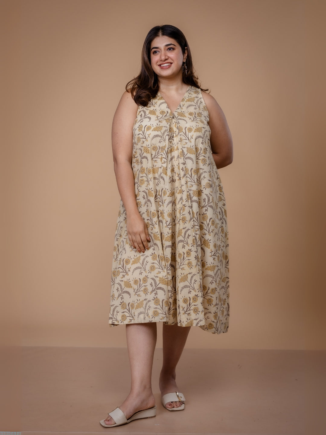 Eira Beige Ajrakh Cotton A Line Dress