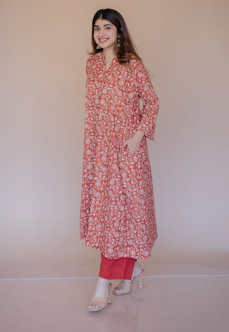 Nyra Red Bagru Cotton Jhabbha Kali Kurta