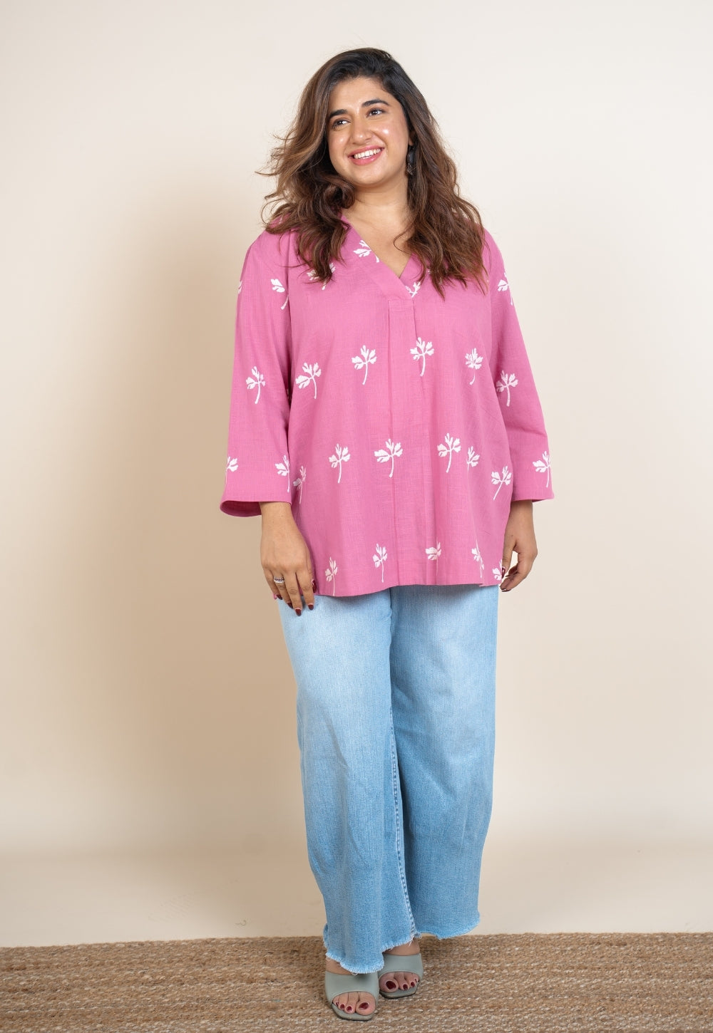 Aazaya Pink Dabu Slub Cotton A Line Short Top