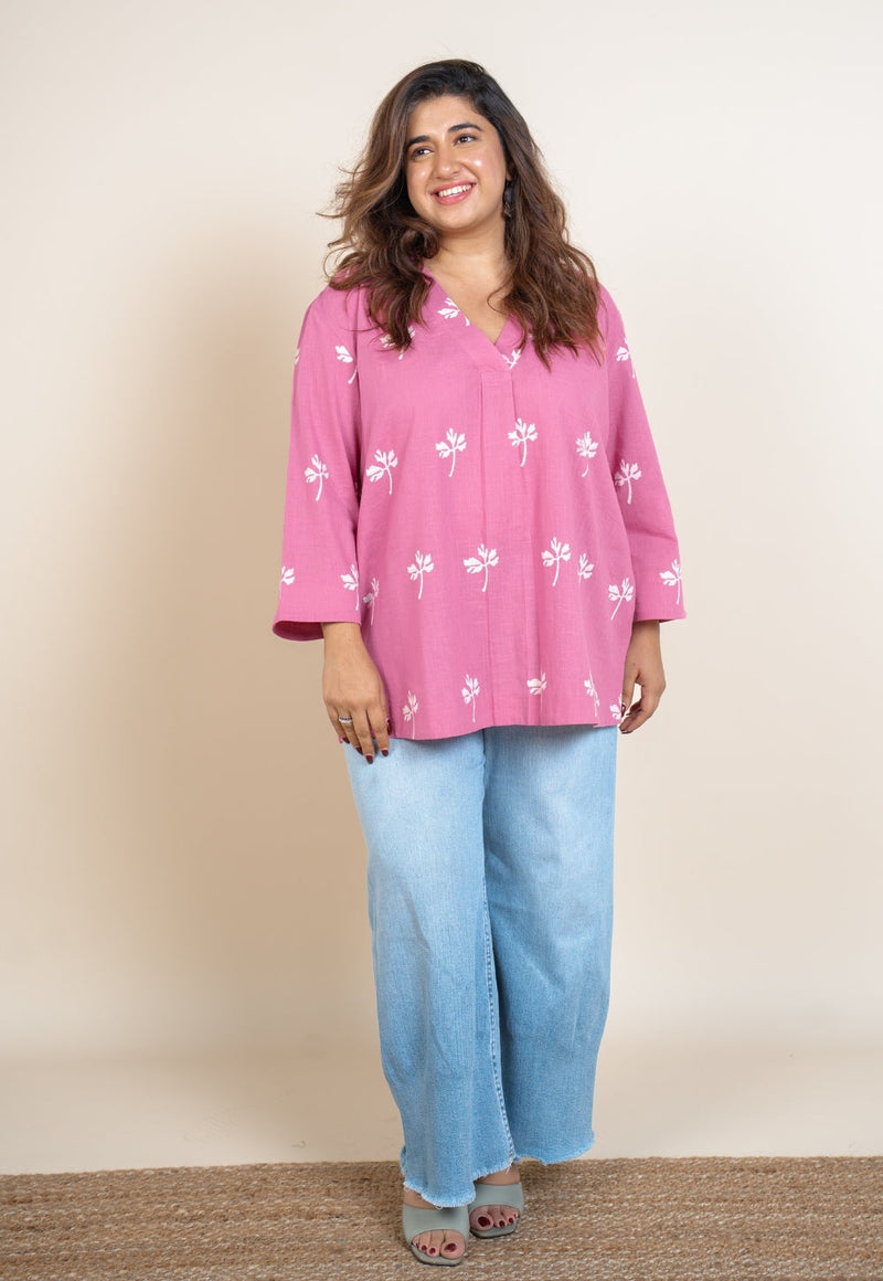 Aazaya Pink Dabu Slub Cotton A Line Short Top