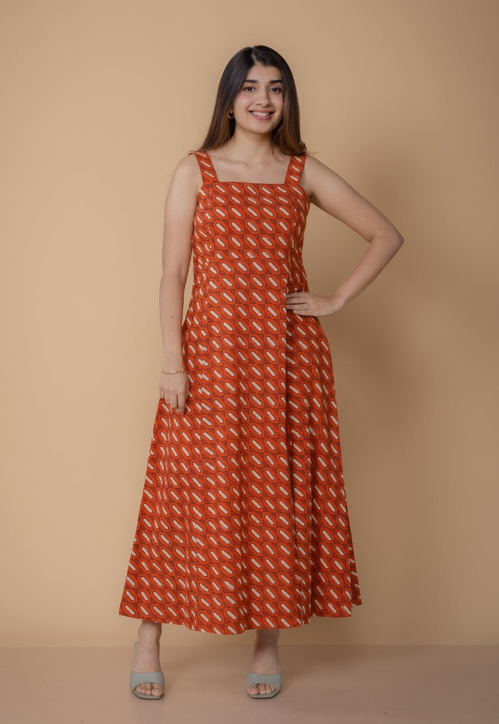 Shanaya Orange Dabu Slub Cotton A Line Dress