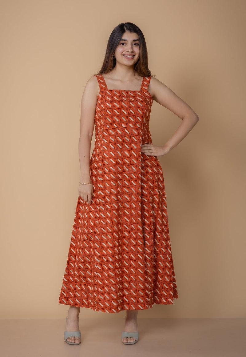 Shanaya Orange Dabu Slub Cotton A Line Dress