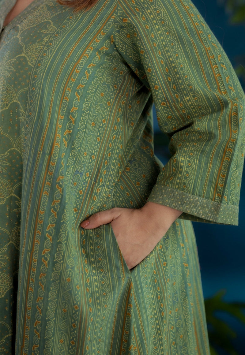 Ketki Green Ajrakh Cotton Kali Kurta