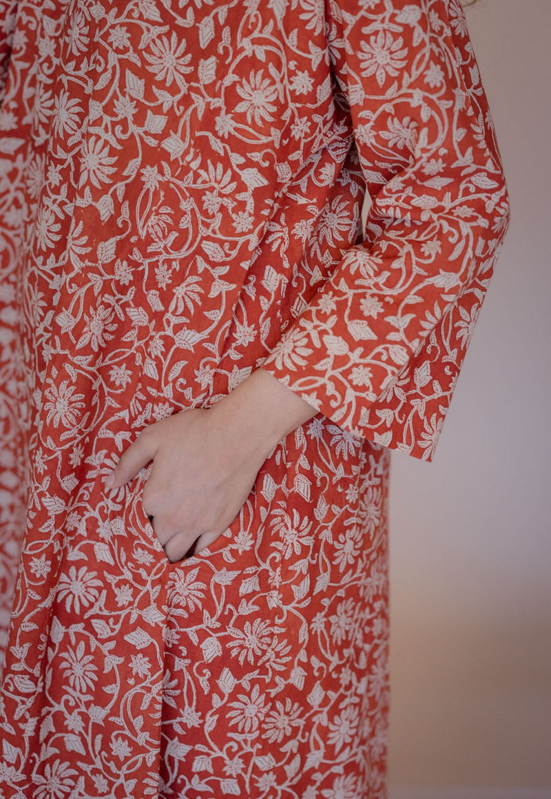 Nyra Red Bagru Cotton Jhabbha Kali Kurta