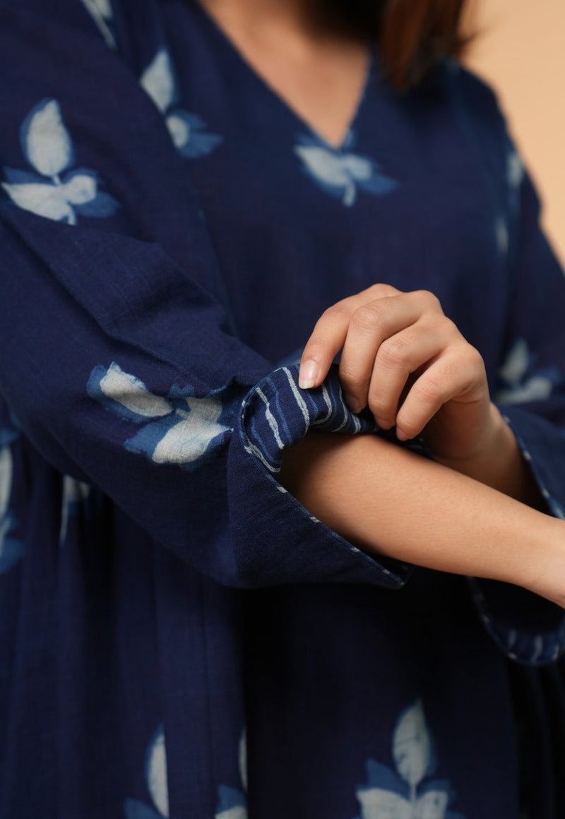 Inayra Blue Dabu Slub Cotton Kali Kurta
