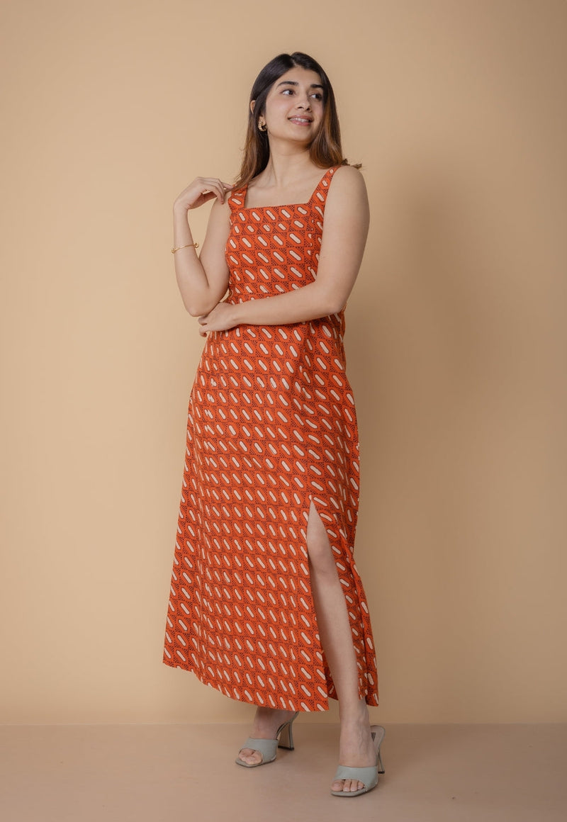 Shanaya Orange Dabu Slub Cotton A Line Dress