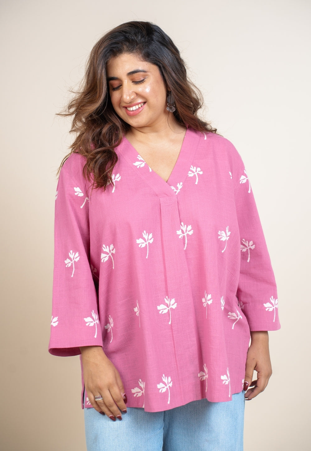 Aazaya Pink Dabu Slub Cotton A Line Short Top