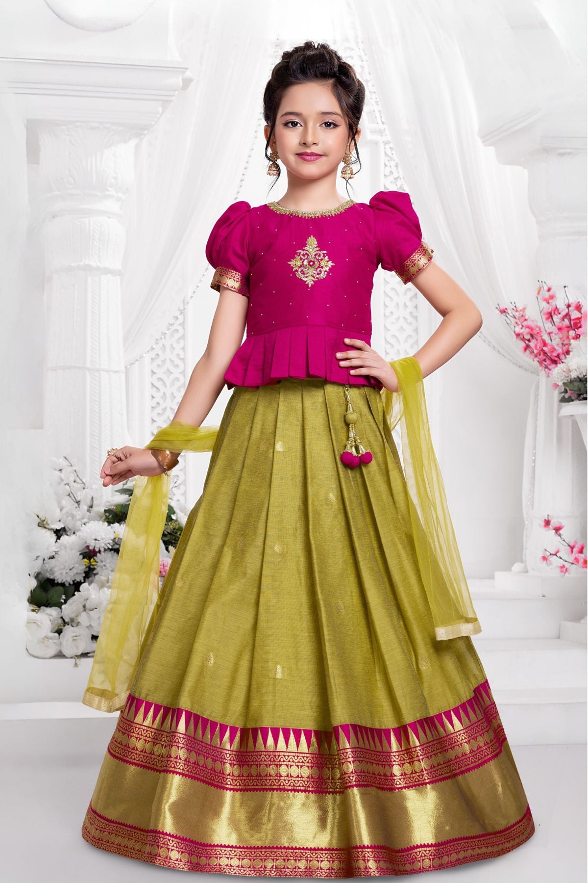 Olive Green And Rani Pink Traditional Pattu Pavadai Set with Dupatta for Girls