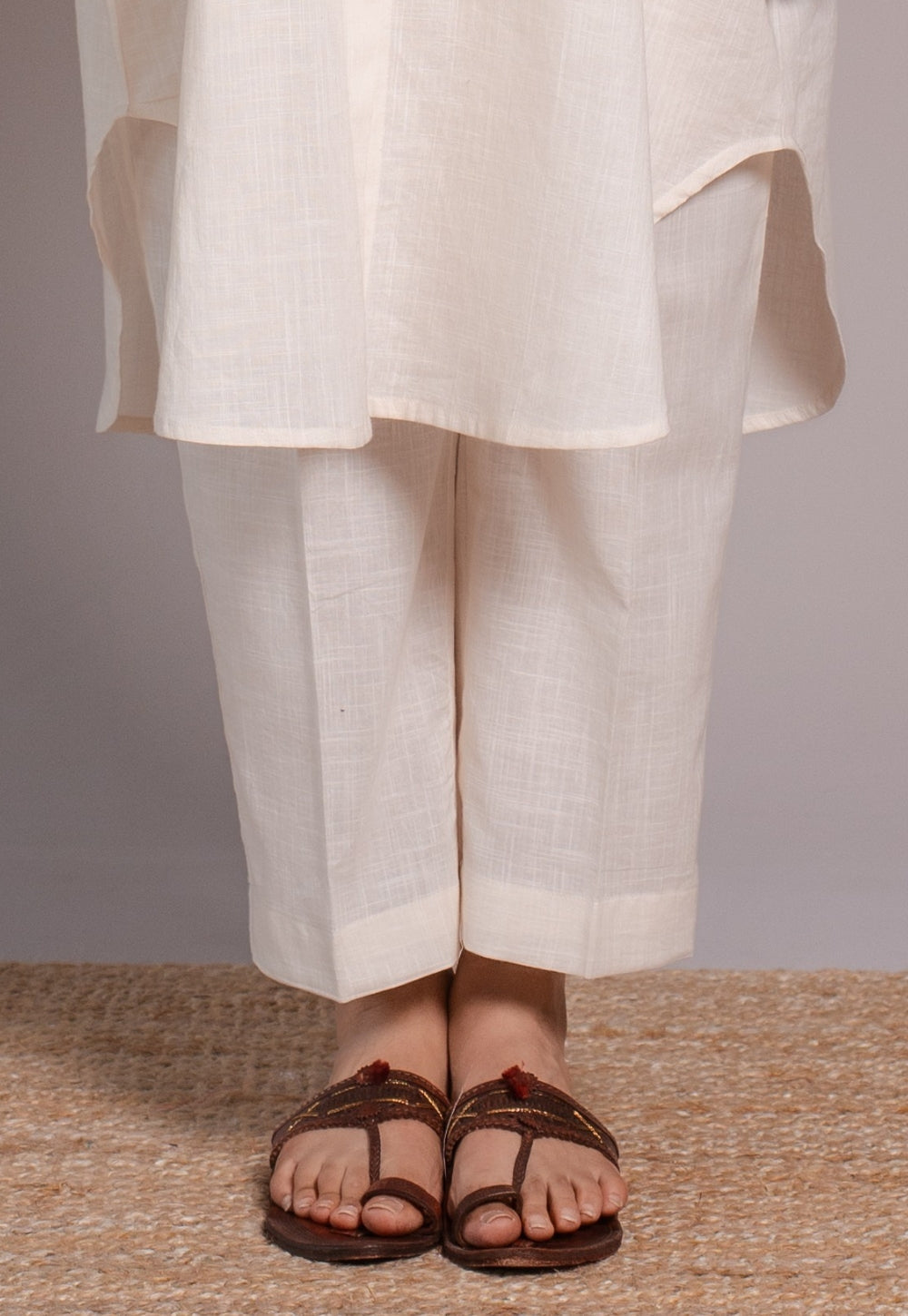 Off White Solid Slub Cotton Straight Co-Ord Set- DyeVerse
