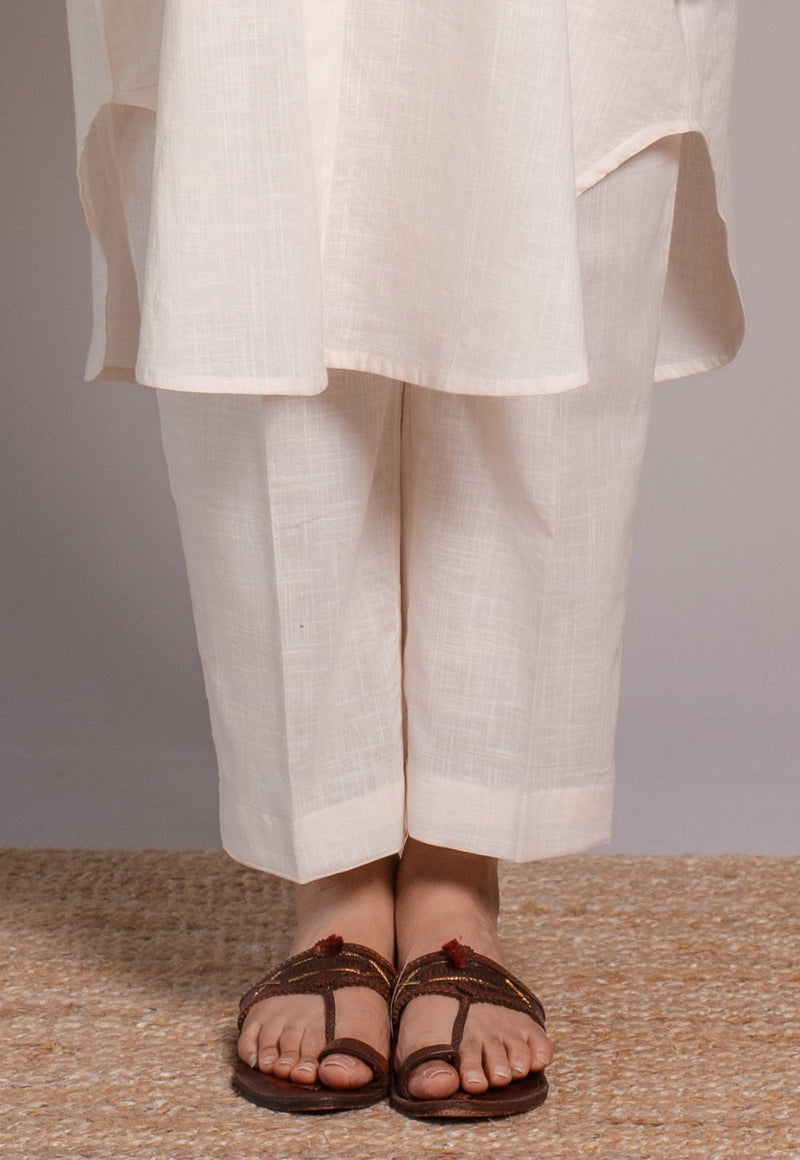 Off White Solid Slub Cotton Straight Co-Ord Set- DyeVerse