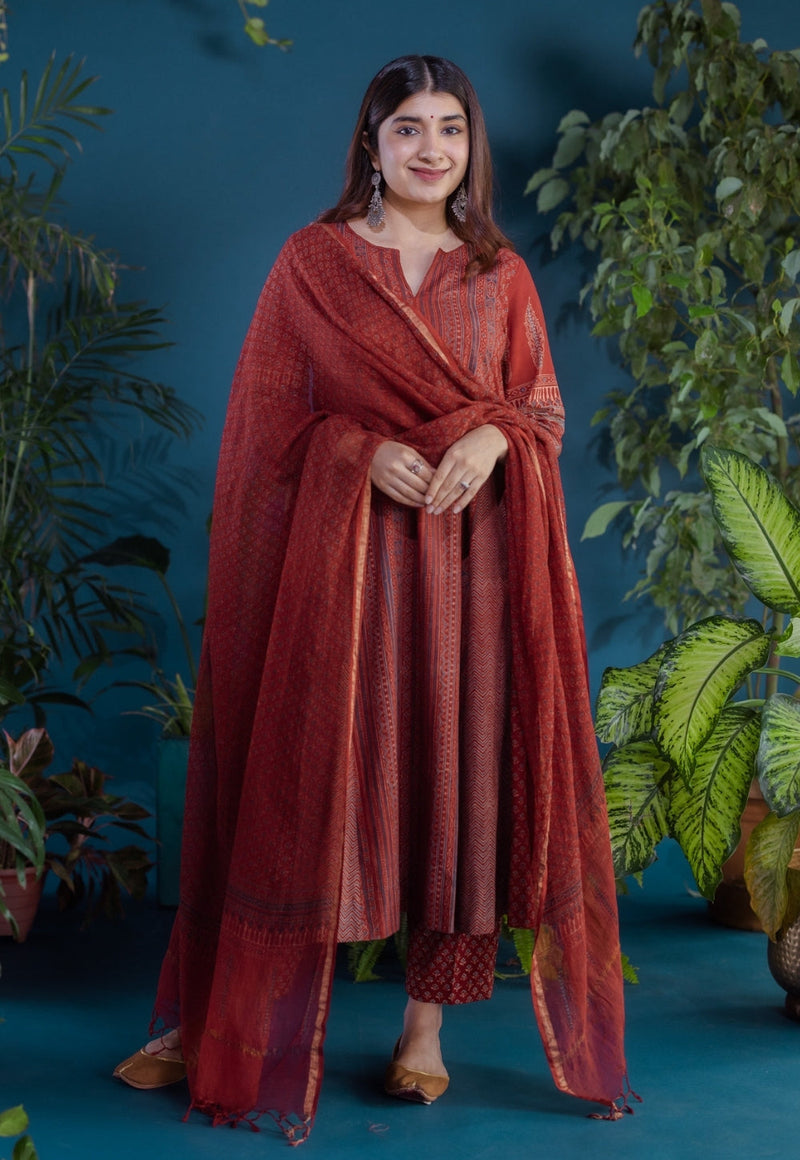 Pranika Red Ajrakh Cotton Kali Kurta with Hand Embroidery